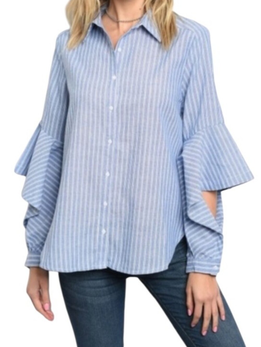 Stripe Flare Ruffle Sleeve Button-up Shirt XXL Blue White Lightweight Top Casual